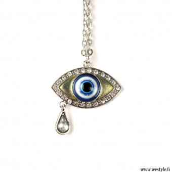 Ett jättefint silverfärgat halsband med kort kedja och en stor berlock i form av ett egyptiskt öga som är lamerat i vitt och blått.